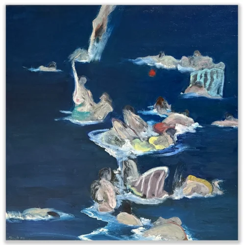 David Manks: Balmoral, 2025. Oil on Pinewood/board. Framed. 76x76cm. In many ways the lounging figures in and around the Balmoral pool at Mosman, Sydney, were like a large outdoor life drawing event. The figures suggest not only the bathers enjoying themselves, but also a subtle sensuality in their movements in the water. David Manks: Divergence, Solo Exhibition 2025. Artsite Contemporary Gallery Sydney Australia. 10 May – 01 June 2025.
