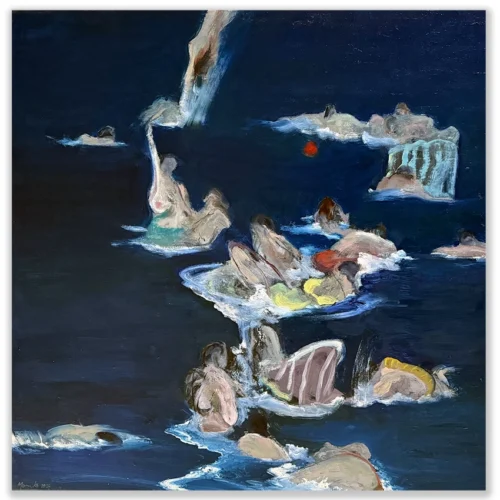 David Manks: Balmoral, 2025. Oil on Pinewood/board. Framed. 76x76cm. In many ways the lounging figures in and around the Balmoral pool at Mosman, Sydney, were like a large outdoor life drawing event. The figures suggest not only the bathers enjoying themselves, but also a subtle sensuality in their movements in the water. David Manks: Divergence, Solo Exhibition 2025. Artsite Contemporary Gallery Sydney Australia. 10 May – 01 June 2025.