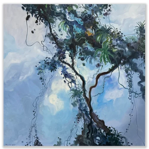 David Manks: Dorrigo Rainforest, 2024. Oil on canvas. Framed. 90x90cm. The Dorrigo Rainforest is in many ways a visual feast of sight, sound and smell to such a point it can initially feel quite overwhelming. By isolating and focusing on the vines, tree trunks and tree roots, the abstract nature of the rainforest is seen. David Manks: Divergence, Solo Exhibition 2025. Artsite Contemporary Gallery Sydney Australia. 10 May – 01 June 2025.