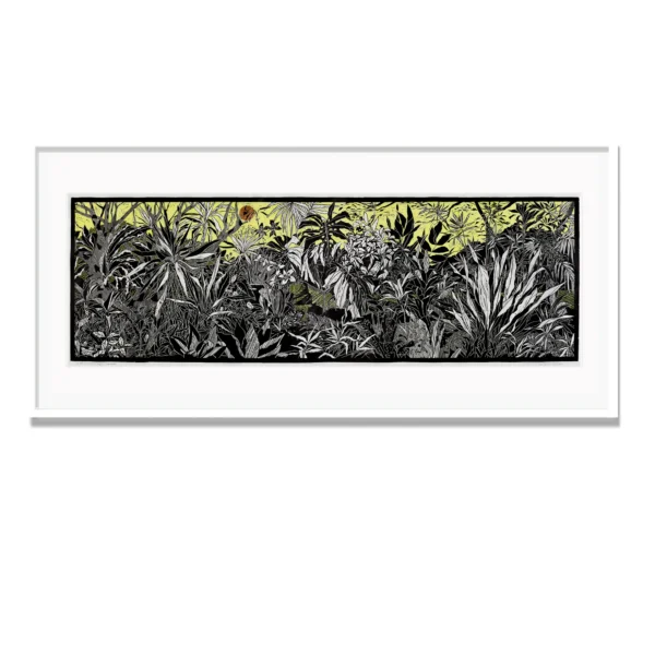 SOLD: Christine Druitt Preston - Yellow Hansa light – Rosebank, 1/5, 2021 Hand coloured lino block print on Wenzhou paper editioned by the artist. Edition of 5. Framed: 60x132cm.