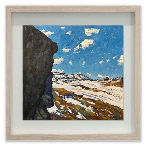 Daniel Pata: The great contrasts of alpine landscape, 2025 Oil on acid free board. Image: 36x38cm. Framed size: 49x50cm