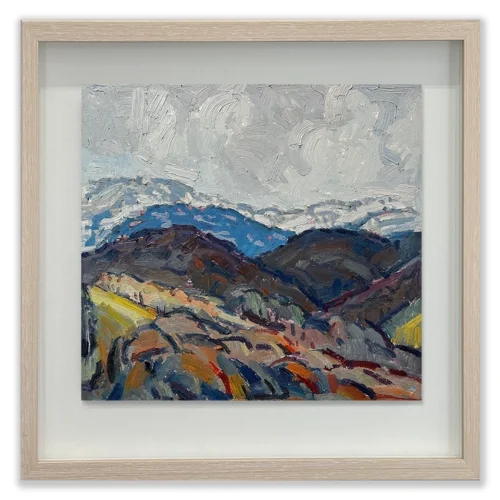 Daniel Pata: Cold, wind & storms approaching Mt. Crackenback, 2025 Oil on acid free board. Image: 36x38cm. Framed size: 49x50cm