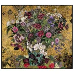 Christine Druitt-Preston: Dysis, 2025. Unique mixed media lino block print on Clairefontaine watercolour paper Image Size: 90x100cm. Framed Size: 108x118cm. Photographer: Hi Res Digital A dedicated gardener, my mother’s final wish was to be remembered for her flower filled cottage garden. This work is made in honour of that wish. Dysis is a word of ancient Greek origin, representing the end of the day and the into darkness. Used as a female gendered name it means sunset. The golden hour held deep symbolic meaning for the Dutch still life painters, used to reference the transience of life. It seemed fitting for this picture.