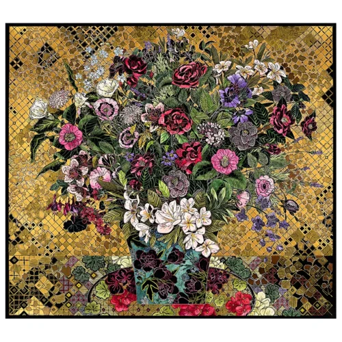 Christine Druitt-Preston: Dysis, 2025. Unique mixed media lino block print on Clairefontaine watercolour paper Image Size: 90x100cm. Framed Size: 108x118cm. Photographer: Hi Res Digital A dedicated gardener, my mother’s final wish was to be remembered for her flower filled cottage garden. This work is made in honour of that wish. Dysis is a word of ancient Greek origin, representing the end of the day and the into darkness. Used as a female gendered name it means sunset. The golden hour held deep symbolic meaning for the Dutch still life painters, used to reference the transience of life. It seemed fitting for this picture.