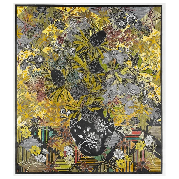 Christine Druitt-Preston: Roadside bouquet – a second life, 2025. Unique hand painted lino block print on Wenzhou paper Image Size: 100x88cm. Framed Size: 1120x107cm. Photographer: Hi Res Digital Recalling a theme and composition made familiar by the Australian artist Margaret Preston, this coloured version of ‘Roadside bouquet’ prompt’s a conversation between her practice and my own, while paying homage to one in the lineage of women artists on whose shoulders I stand
