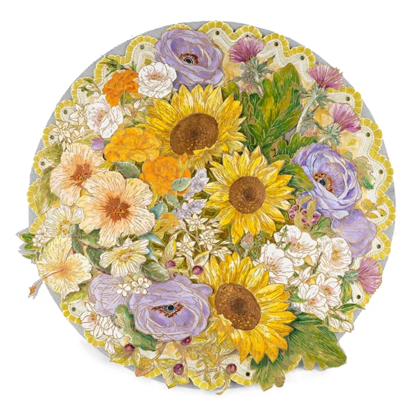 Christine Druitt-Preston: Hallmark greetings, 2025 Unique mixed media lino block collage on Clairefontaine watercolour paper Image Size: c.60cm diameter. Framed Size: 71x71cm. Photographer: Hi Res Digital Memories of childhood birthday cards and later working in a newsagency informed the composition and colour chooses made while considering the making of this work. The layered, overlapping lino block floral motifs arranged in a circular form recall the embossed greeting cards of the 1950’s and 60’s purchased and given to mark special occasions