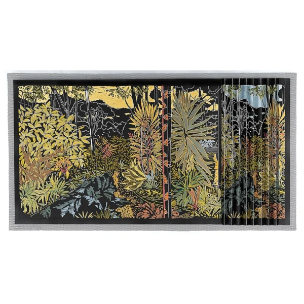 Christine Druitt-Preston: As the sun sets – Emerson Road, 2025. Unique hand painted, manipulated lino block collage on Arches watercolour paper Image Size: 28x51cm. Framed Size: 44x64cm. Photographer: Hi Res Digital This garden has inspired many of my works over an extended period of time. As its’ owners prepare to relocate, memories conflate and concertina into new shapes and colours