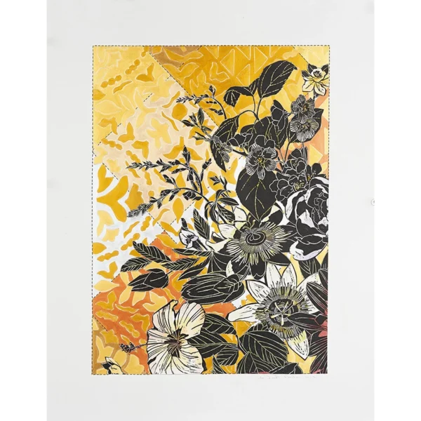 Christine Druitt-Preston: Facing the sun - garden decoration #II, 2025. Unique mixed media lino block collage on Clairefontaine watercolour paper Image Size: c.43x31cm. Framed Size: 64x51cm. Photographer: Hi Res Digital Pareidolia is the phenomenon of perceiving likenesses of known forms in clouds. As a child I recall lying on my back looking up with wonder at the sky and doing just that. I also recall looking up into clear bright summer skies, facing the sun to see motes dancing and the air shimmering in the heat. Is there a name for this?