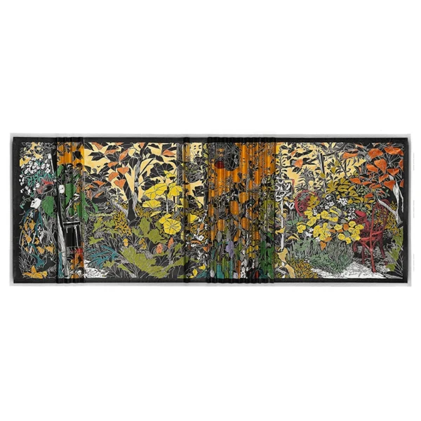 Christine Druitt-Preston: Dreaming of Gulgamree, 2025. Unique hand painted and manipulated lino block print on Wenzhou paper Image Size: 44x114cm. Framed Size: 62x131cm. Photographer: Hi Res Digital Dreaming of Gulgamree is a unique hand coloured reworking of a lino block print of the same name editioned in 2018, made in response to hearing that this garden of friends is no more. The environment they had created was a work of imagination, filled with texture and colour, a wonderland to be enjoyed by their family and friends. This new work celebrates the garden that once was.