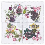 Christine Druitt-Preston: Springtime garland, 2024. Unique embroidered lino block collage on vintage textile Image Size: 56x56cm. Framed Size: 69x69cm. Photographer: Hi Res Digital As a mixed media artist I work predominately with print, here combined with vintage hankies previously owned by an aunt, and embroidery. Descended from a lineage of women who used a needle and thread to make garments and bring beauty their homes, it seems natural to incorporate this into my practice.