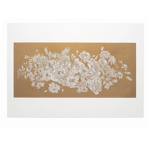 Christine Druitt-Preston: The fair sex - Chastity, 2025 Stitched Lino block print on Stonehenge ed.3 Editioned Brenda Tye Image Size: 45x100cm. Framed Size: 87x121cm. Photographer: Hi Res Digital Continuing my investigation of the symbolic power cultures have attributed to flowers, this series of three still life prints explores the evolving ideals of female beauty – Chastity, Felicity and Audacity, and the societal value placed on them by using the established time-honoured hierarchical order of gold, silver and bronze.