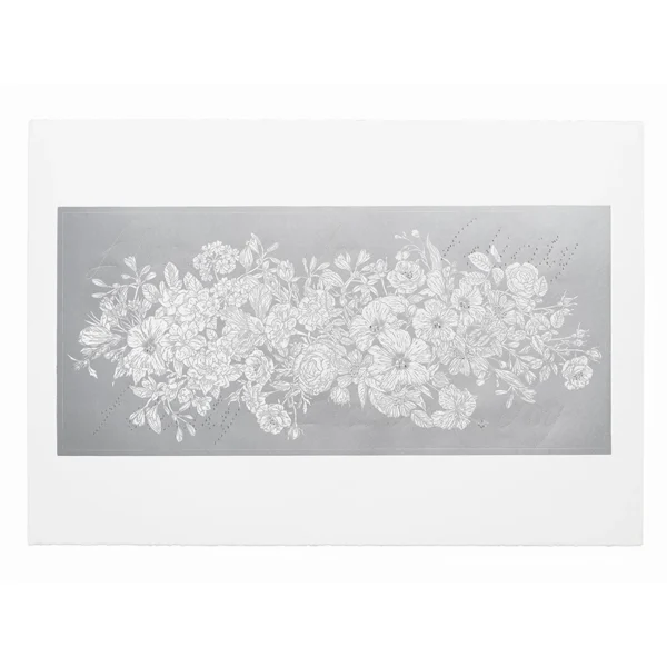 Christine Druitt-Preston: The fair sex - Felicity, 2025. Stitched Lino block print on Stonehenge ed.3 Editioned Brenda Tye Image Size: 45x100cm. Framed Size: 87x121cm. Photographer: Hi Res Digital Historically women were idealised for the virtues of chastity, modesty, and perfection, while felicity, eloquence and joy were also prized. More recently a belief in the social, economic, and political equality of the sexes saw women valuing qualities of audacity, bravery, and ambition.