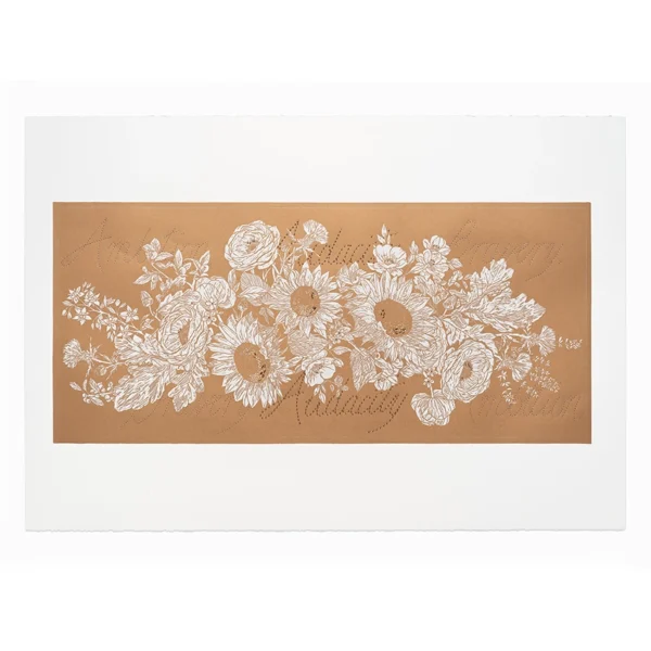 Christine Druitt-Preston: The fair sex - Audacity, 2025. Stitched Lino block print on Stonehenge ed.3 Editioned Brenda Tye Image Size: 45x100cm. Framed Size: 87x121cm. Photographer: Hi Res Digital. Chastity and Felicity have long been female gendered names and now Audacity has entered the lexicon, a term signifying the formerly masculine gendered traits of boldness and daring, both historically unconventional for women.