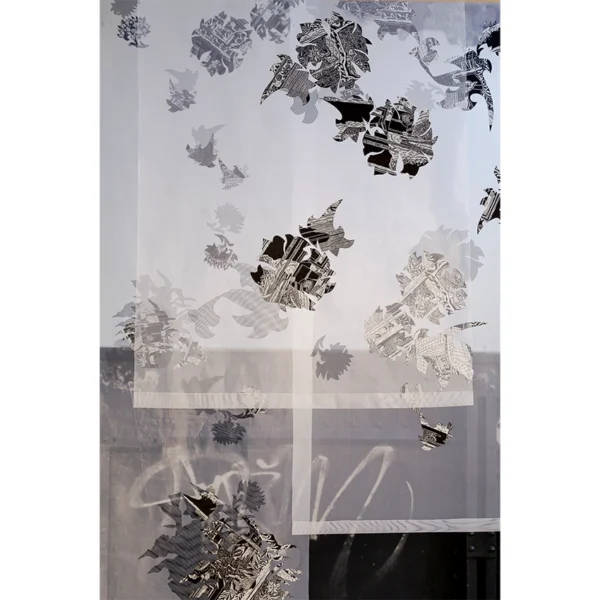 Christine Druitt-Preston: Breezy, 2018 Three panel installation - tulle and stitched Wenzhou paper Image Size: 106x340, 106x240, 106x200cm. Document Photography Three tulle panels appliqued with amorphous William Morris like shapes suggestive of plant forms hang in mid-air, moving in response to the world around them