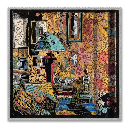 Christine Druitt Preston: Under lamplight she lifts her basket, 2026. Mixed Media-Unique hand painted & Manipulated lino block print. Image size: 46x48cm Framed size: 61x61cm
