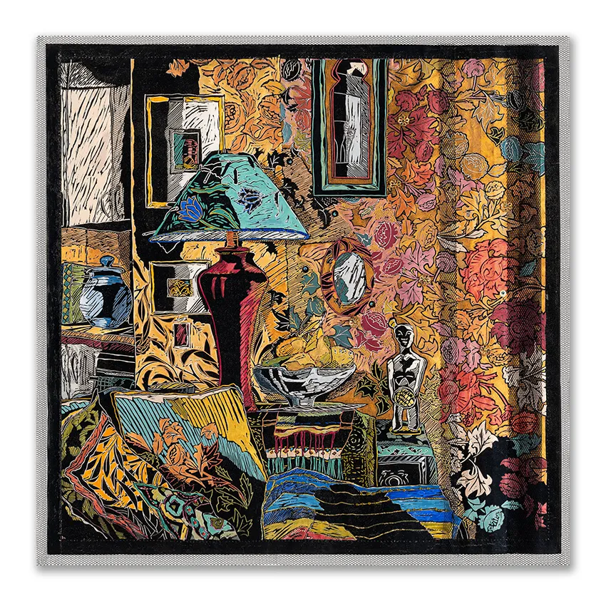 Christine Druitt Preston: Under lamplight she lifts her basket, 2026. Mixed Media-Unique hand painted & Manipulated lino block print. Image size: 46x48cm Framed size: 61x61cm