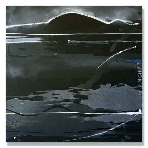 Judy Trick: Looking Back, Cullunghutti, 2026. Mixed media on canvas.92x92cm. "The vista from Crooked River entices me to breathe the salt-laden air. Storm and cloud, tide and time wash over me.'
