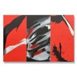 Judy Trick: Trident, 2026. Mixed media on canvas.138x92cm. (triptych) 3 panels each 46x92cm."A powerful trilogy of symbolic strength."