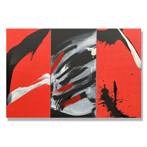 Judy Trick: Trident, 2026. Mixed media on canvas.138x92cm. (triptych) 3 panels each 46x92cm."A powerful trilogy of symbolic strength."