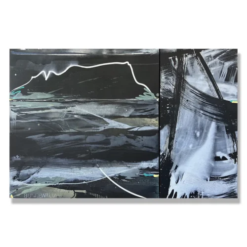 Judy Trick: Storm Over Berry Mountain, 2026. Mixed media on canvas.138x92cm. (diptych) 2 panels 92x92cm/46x92cm. "Cloud build and waves rise as the storm breaks with ferocity over Bundewallah and the escarpment."