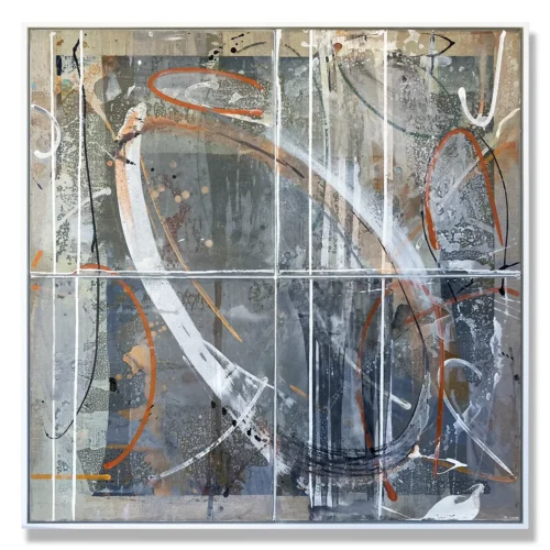 Judy Trick: Flight Path II, 2026. Mixed media on linen.92x92cm. Framed size: 94x94cm."The evening light brings the coastal bird dance as they swoop and glide towards the wetlands to roost. Feel uplifted."