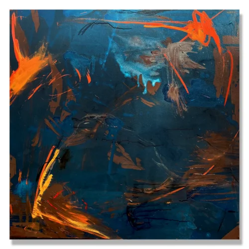 Judy Trick: Embers, 2026. Mixed media on canvas.100x100cm. "At dawn the swirling wind ignites the crackle of flame."