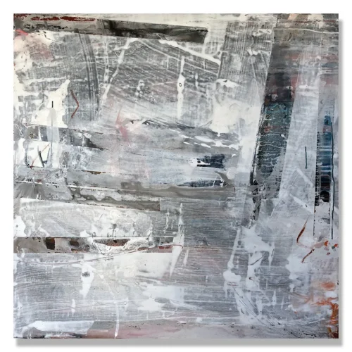 Judy Trick: Smoulder, 2026. Mixed media on canvas.100x100cm. "The aftermath of the bushfire leaves smouldering ash in its wake. Time for rejuvenation."
