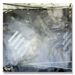 Judy Trick: Omega, 2026. Mixed media on canvas.153x153cm. "Soft geometry and a light mist, gives way to memory. I am stepping out again."