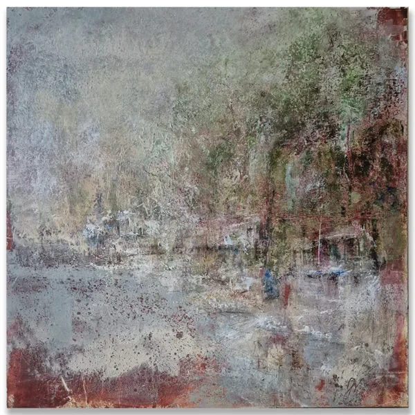 Claudio Valenti: Beyond the clearing, 2026 Mixed media on panel. 60x60cm. Framed: 62x62cm Scattered dwellings sit low, half hidden by dense trees and undergrowth, giving the place a worn quiet feel