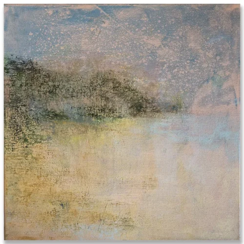 Claudio Valenti: Elsewhere, briefly I, 2026 Mixed media on canvas. 41x41cm The landscape seems to dissolve and re-form with the changing light.