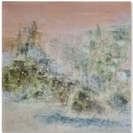 Claudio Valenti: Scattered light, 2026 Mixed media on canvas. 41x41cm Dense green scrub sits along the coastal edge. A landscape caught between stillness and growth