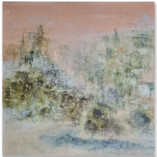 Claudio Valenti: Scattered light, 2026 Mixed media on canvas. 41x41cm Dense green scrub sits along the coastal edge. A landscape caught between stillness and growth
