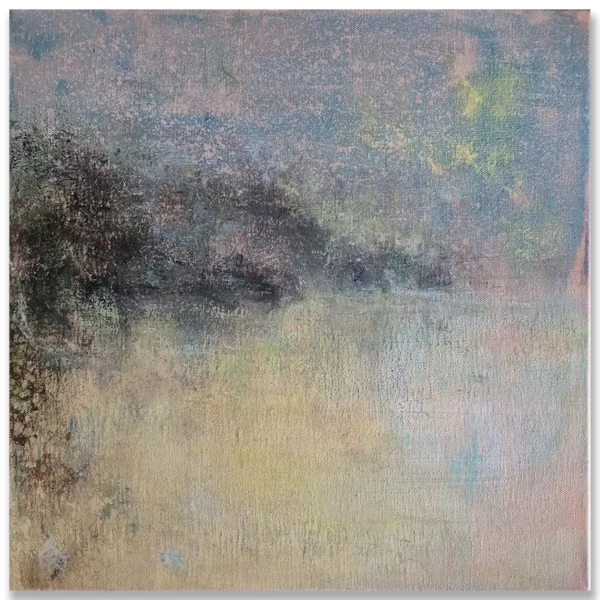 Claudio Valenti: Elsewhere, briefly II, 2026 Mixed media on canvas. 41x41cm The landscape seems to dissolve and re-form with the changing light.