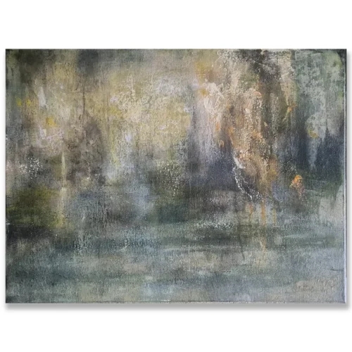 Claudio Valenti: The bush before the sea, 2026 Mixed media on canvas. 40x30cm Tall trees stand quiet in the mist catching soft light. It’s a still moment in the bush before the land opens to water.