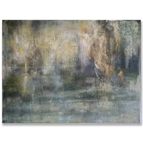 Claudio Valenti: The bush before the sea, 2026 Mixed media on canvas. 40x30cm Tall trees stand quiet in the mist catching soft light. It’s a still moment in the bush before the land opens to water.
