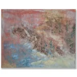 Claudio Valenti: Coastal ground, 2026 Mixed media on canvas. 35.5x28cm Coastal growth meets pale sand and water at the shoreline. Warm ochre and brown tones sit against cooler blues.