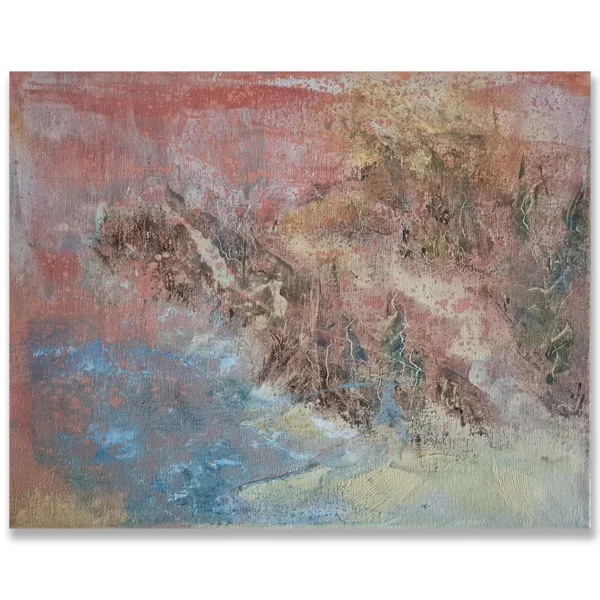 Claudio Valenti: Coastal ground, 2026 Mixed media on canvas. 35.5x28cm Coastal growth meets pale sand and water at the shoreline. Warm ochre and brown tones sit against cooler blues.