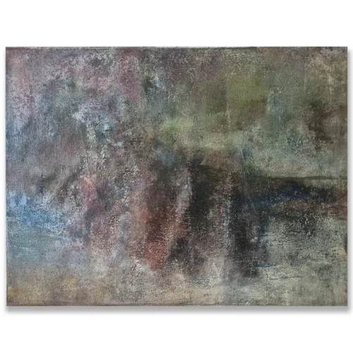 Claudio Valenti: Headland, 2026 Mixed media on canvas. 40x30cm Rocky ground and dense green growth meet the open edge of the coast