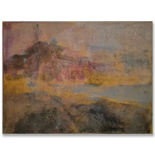 Claudio Valenti: Southern light, 2026 Mixed media on canvas. 40x30cm Sunlight dissolves behind the hills. A memory captured in stain and haze rather than line